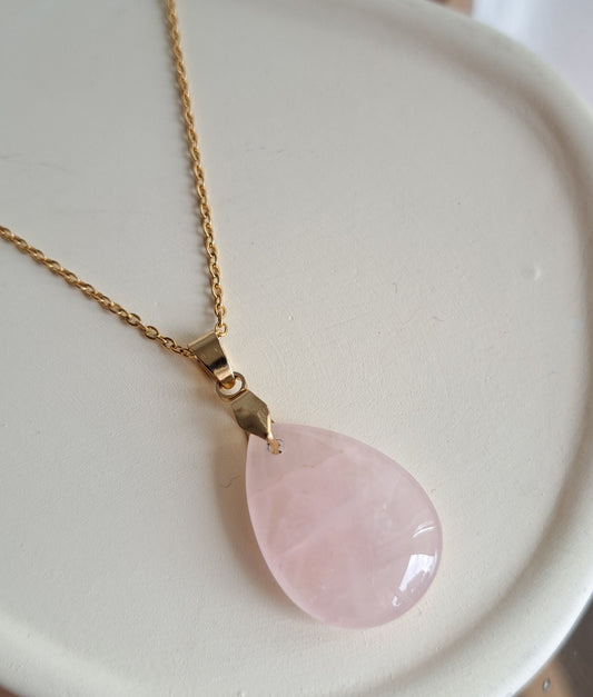 Collier pendentif Quartz rose - Argenté ou Doré