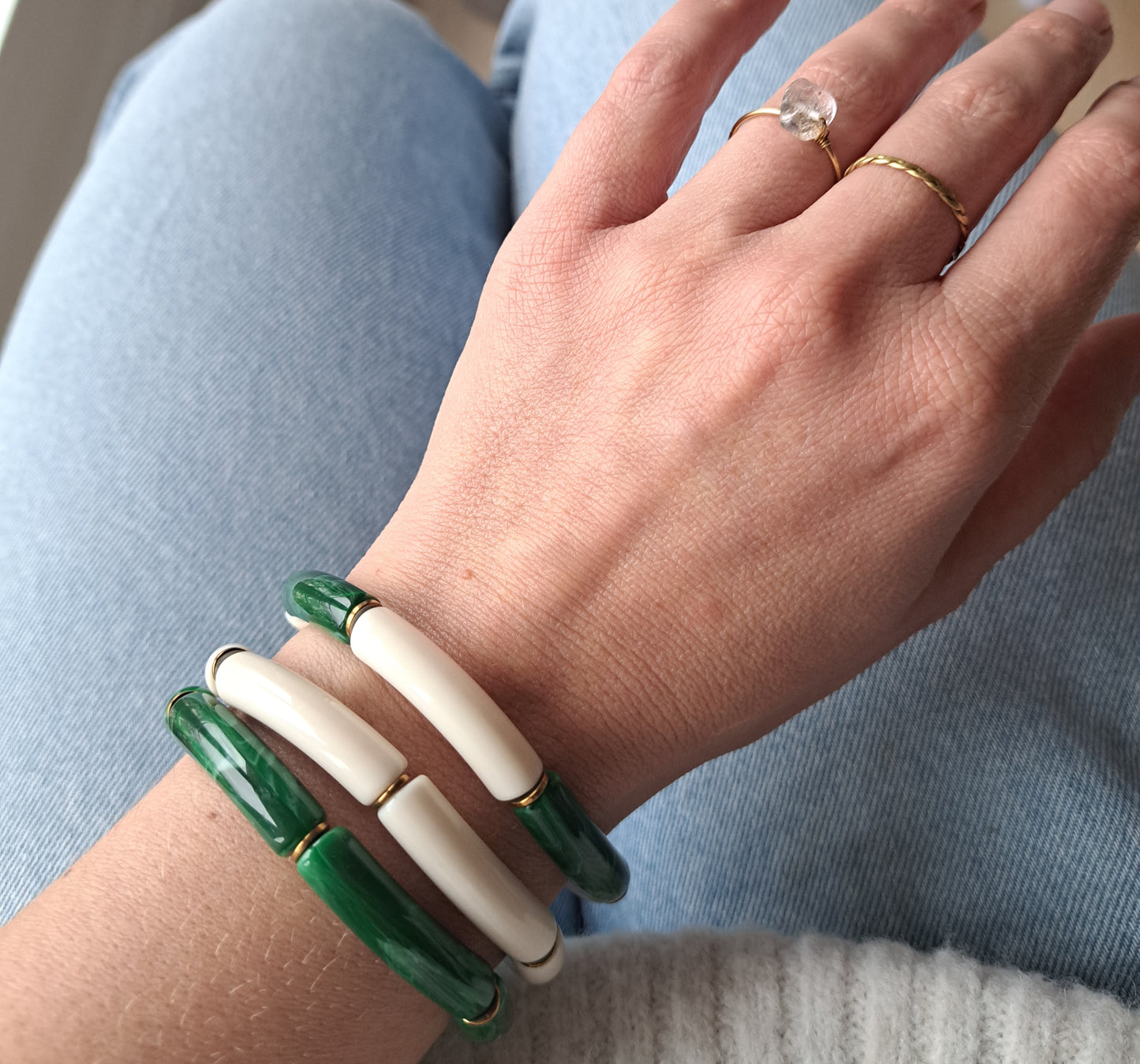 Lot de 3 bracelets vert, écru et doré