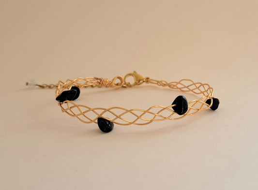 Bracelet tressé laiton - Pierre de sable bleue - Doré ou argenté