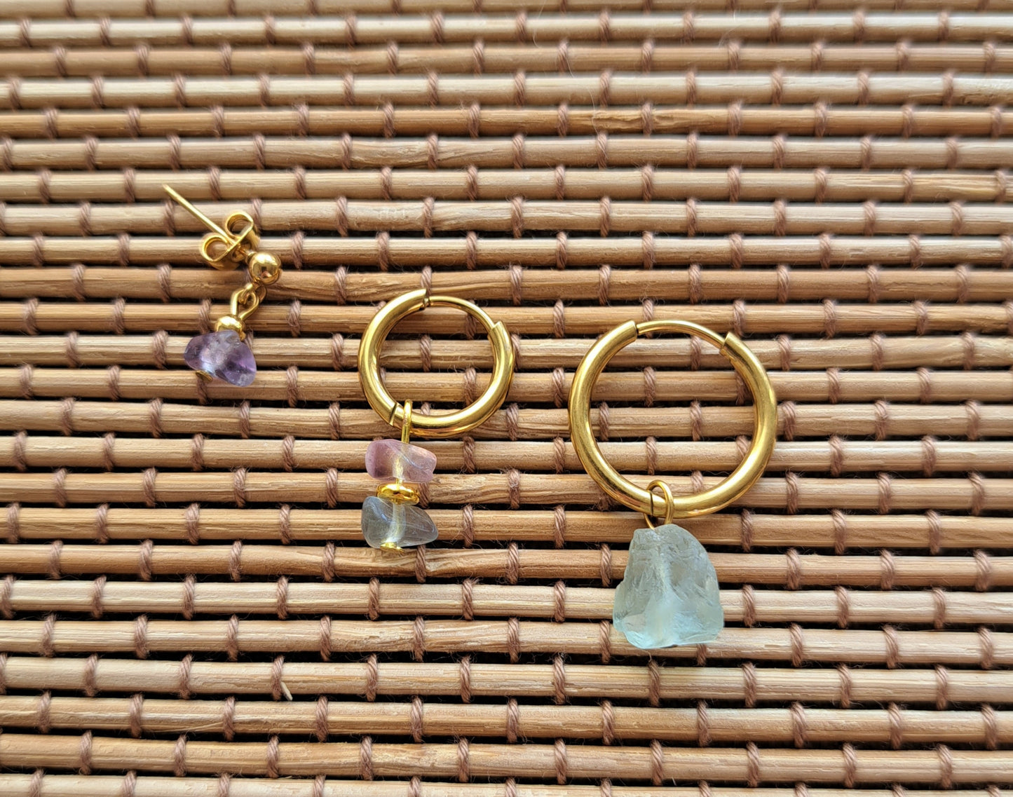 Set 3 boucles d'oreilles Fluorite - Mix and Match - Doré ou argenté