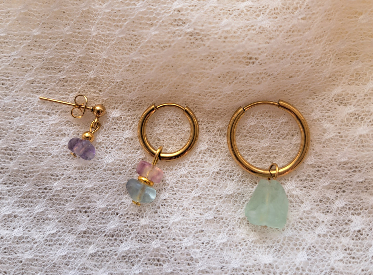 Set 3 boucles d'oreilles Fluorite - Mix and Match - Doré ou argenté