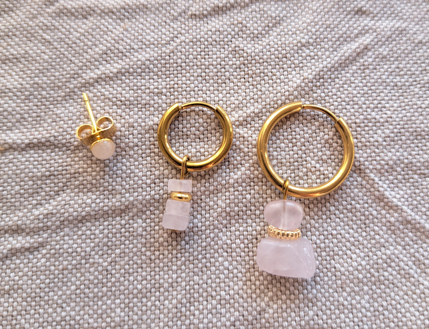 Set 3 boucles d'oreilles Quartz rose - Mix and match - Argenté ou doré