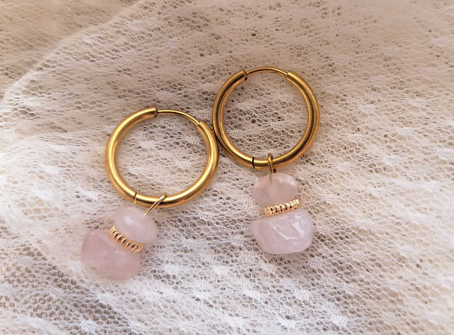 Créoles quartz rose - Acier inoxydable - Argenté ou doré