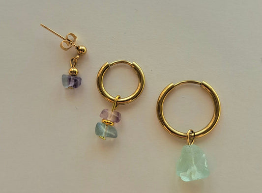Set 3 boucles d'oreilles Fluorite - Mix and Match - Doré ou argenté