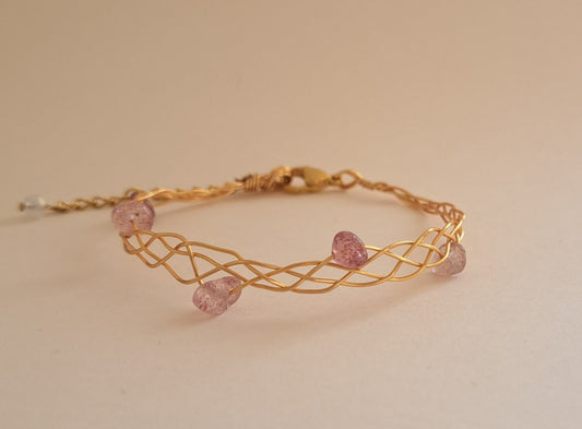 Bracelet tressé laiton - Pierre Quartz fraise - Doré ou argenté