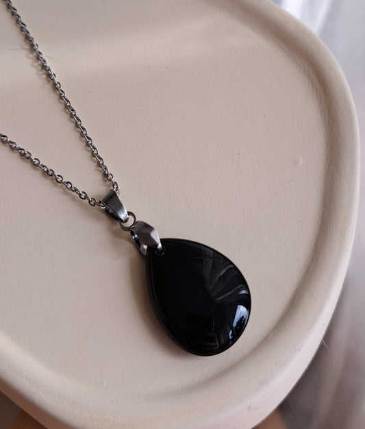 Collier pendentif Obsidienne - Argenté ou Doré
