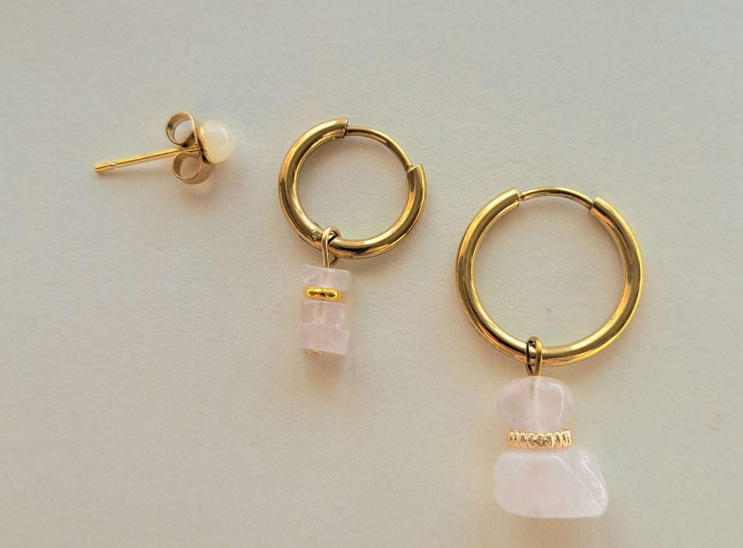 Set 3 boucles d'oreilles Quartz rose - Mix and match - Argenté ou doré