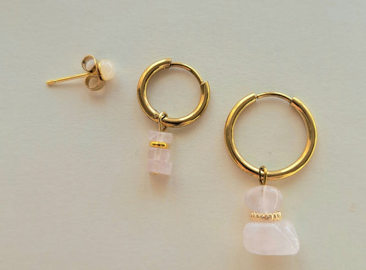 Set 3 boucles d'oreilles Quartz rose - Mix and match - Argenté ou doré