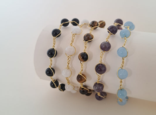 Bracelet tressé laiton et pierres naturelles - 5 gemmes