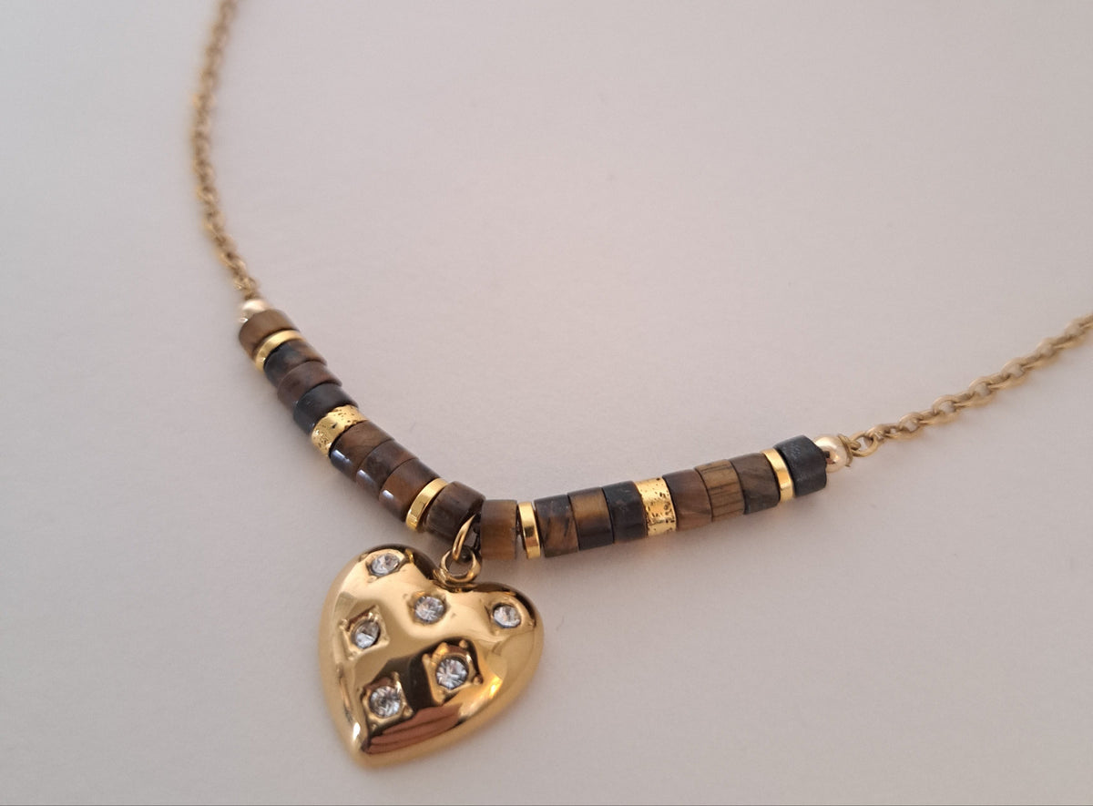 Collier oeil de tigre et coeur