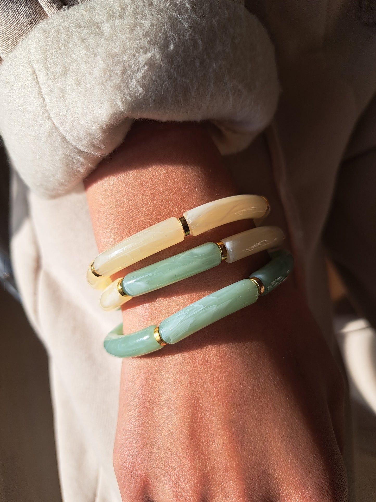 Set of 3 resin bracelets - Ecru green