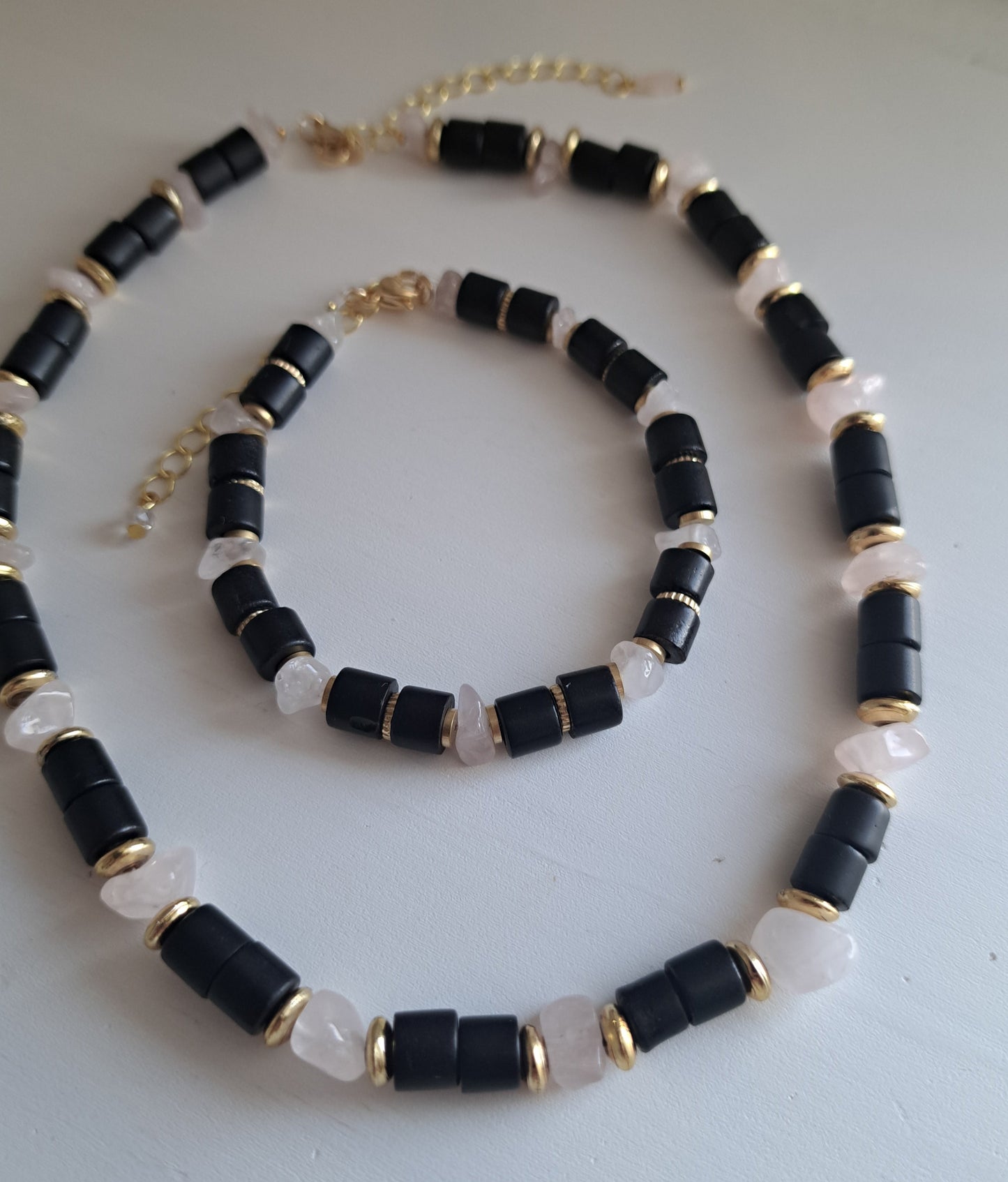 Black, pink and gold recycled necklace