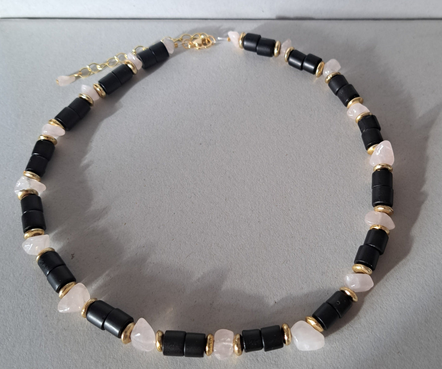 Black, pink and gold recycled necklace