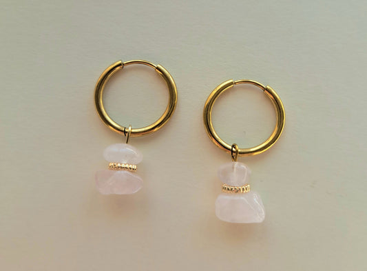 Créoles quartz rose - Acier inoxydable - Argenté ou doré
