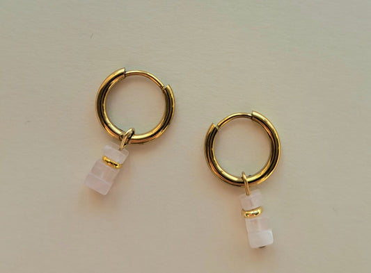 Créoles fines Quartz rose - Acier inoxydable - Argenté ou doré