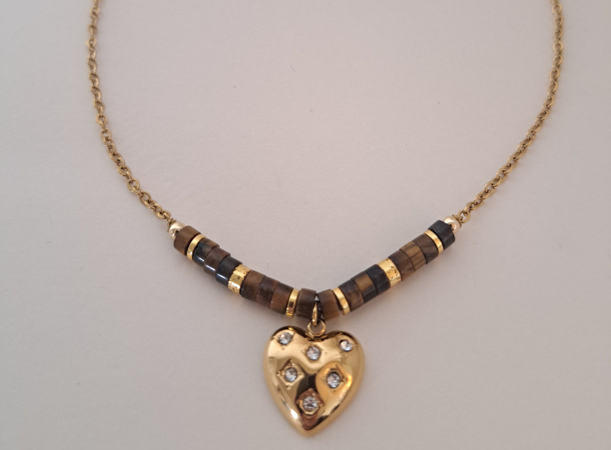 Collier oeil de tigre et coeur