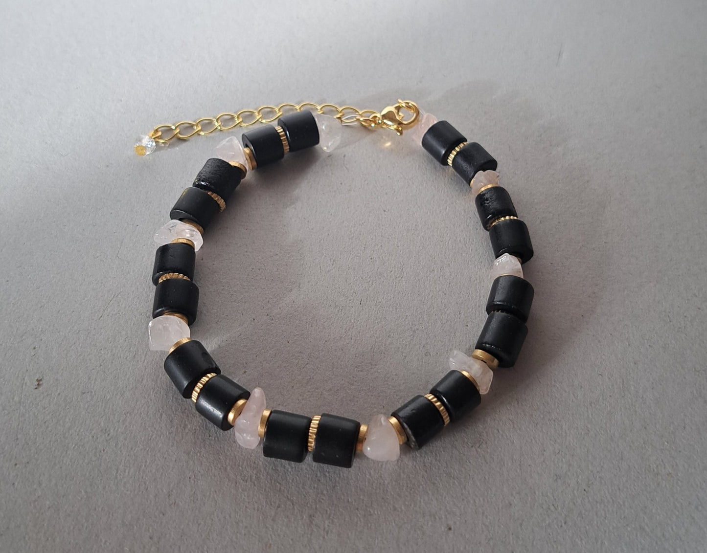 Black, pink and gold recycled bracelet