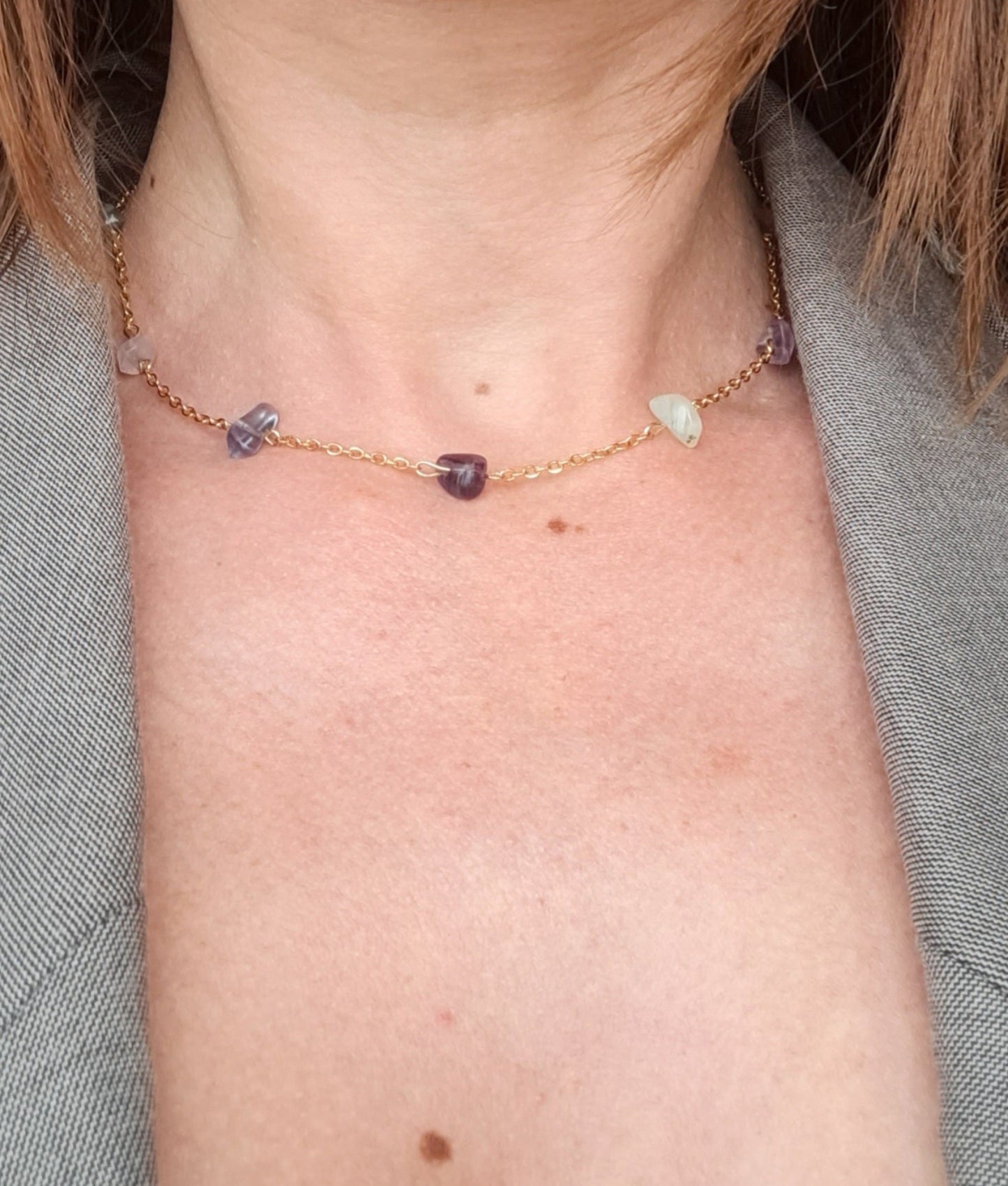 Collier perles de fluorite - Acier inoxydable