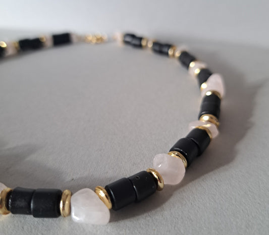 Black, pink and gold recycled necklace