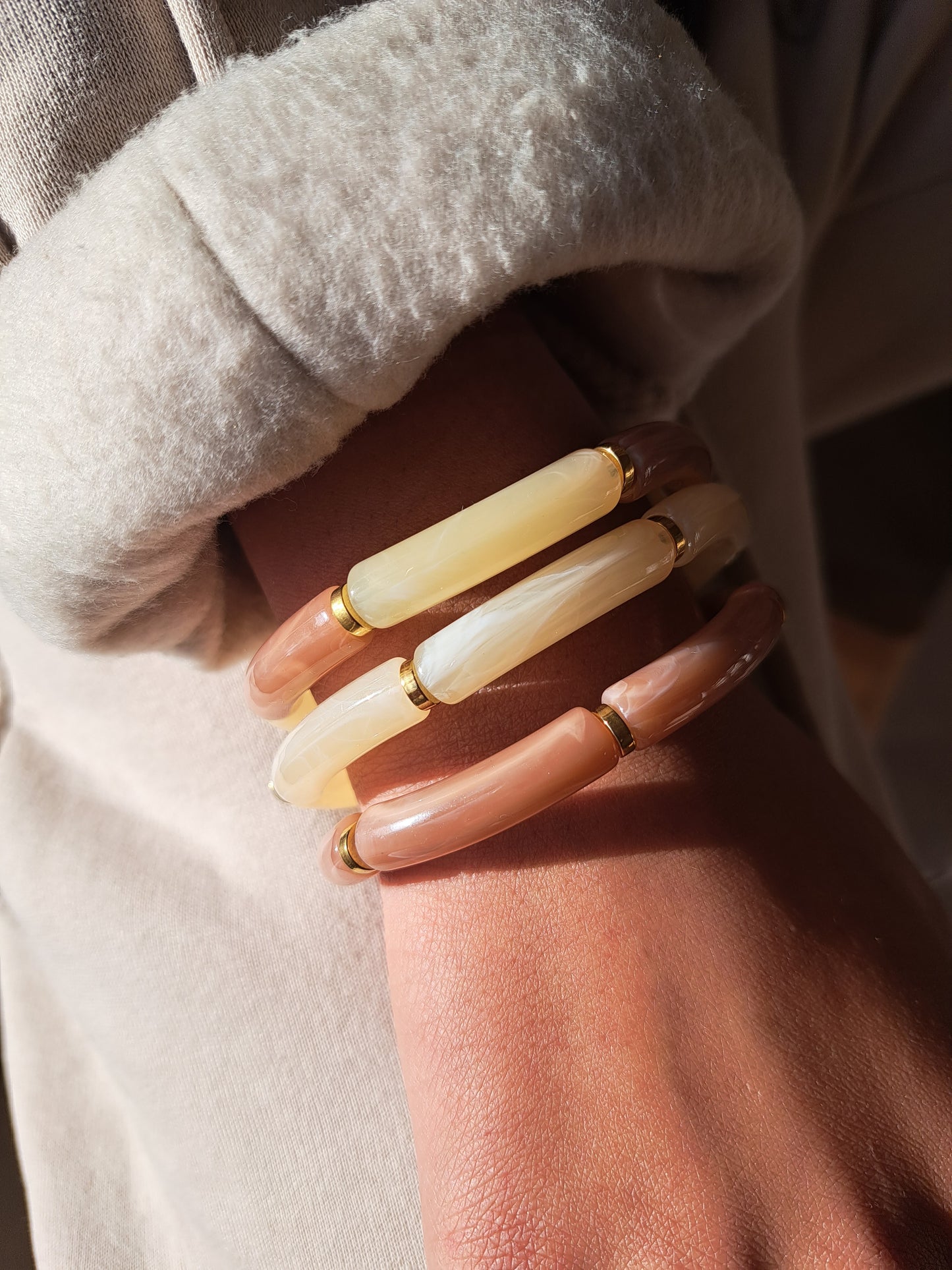 Set of 3 resin bracelets - Old ecru pink